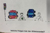 Das gemalte Bild stellt eine Ampel, zwei Autos und zwei Menschen dar. 